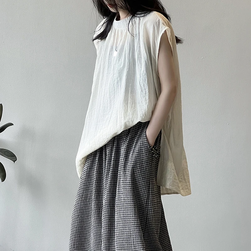 Johnature Korean Slit Sleeveless Long Shirt Women Summer 2024 New Loose Shirt Casual Simple Japanese Thin Ruffled Tops