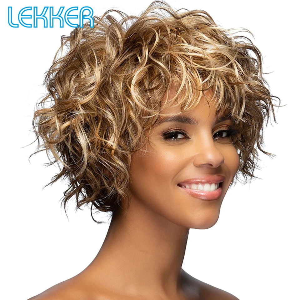 Lekker Highlight Brown Short Loose Curly Bob Human Hair Wigs For Women Fluffy Bouncy Curl Colored Brazilian Remy Hair 10