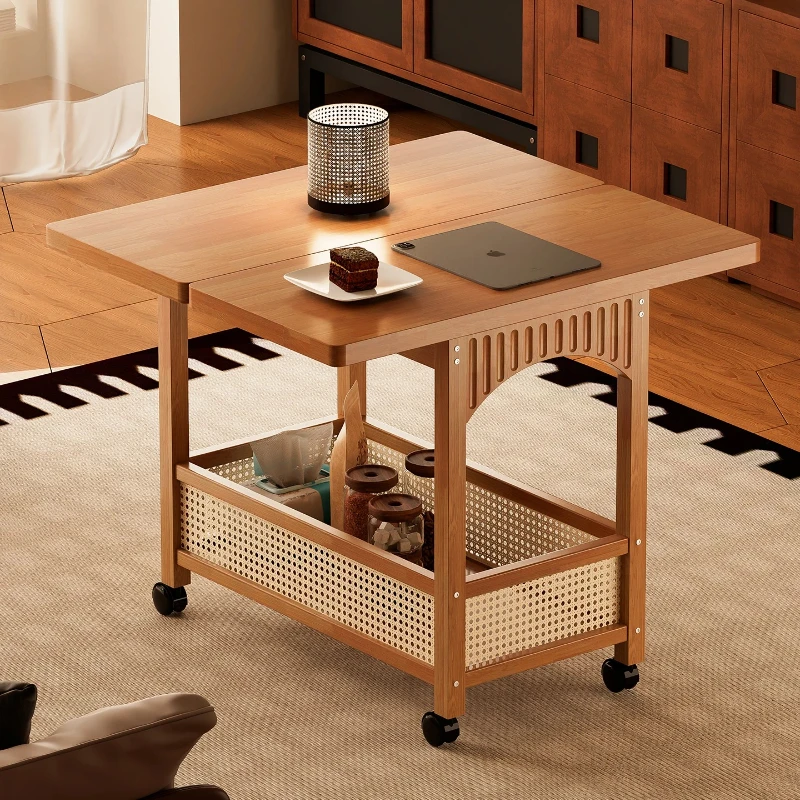 ‌Folding Wooden Side Table - Mobile Coffee Table for Living Room/Bedroom Foldable Sofa Table with Storage, Portable Nesting Cart