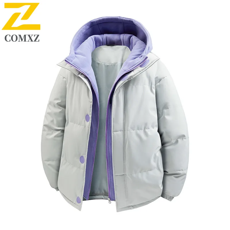 Men Parker Coat Thickened Fake Two Piece Hooded Winter Windproof Hiking Travel Bread Jacket Skiing Warm Cold Proof Parker Coat