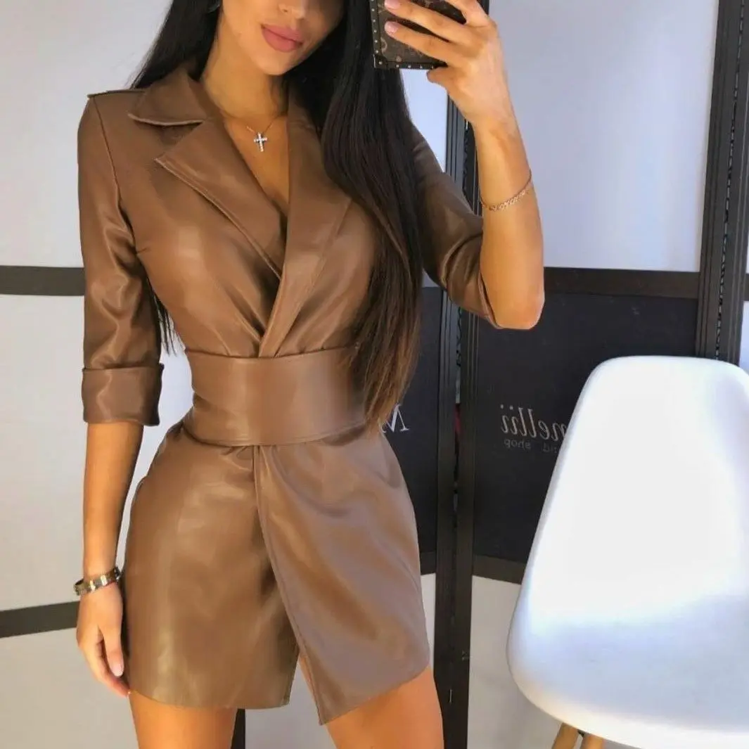 Autumn and Winter New European and American Solid Color PU Leather Suit Collar Medium Long Sleeved Women's Dress