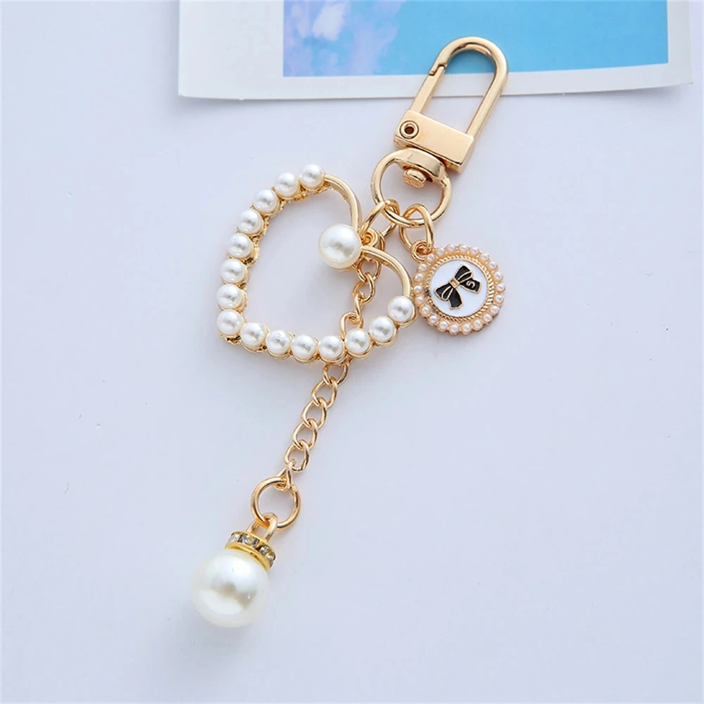 Cute Keychain Pearl Heart Keychain Cute Bow Pendent for Women Girls  Headphone Case Car Key Ring Jewelry Car Accessories