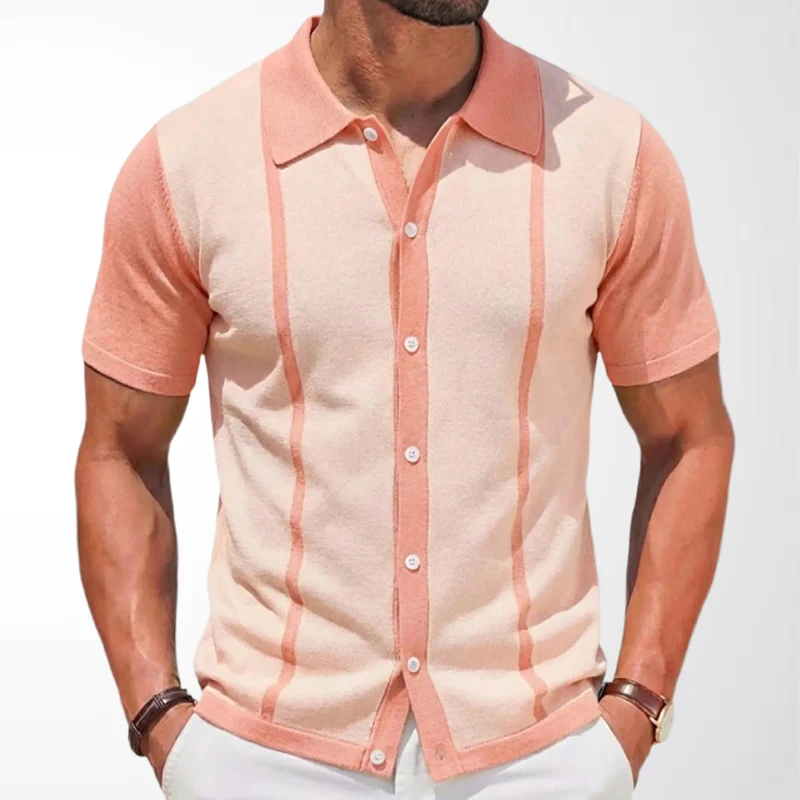 Spring Summer Mens T-Shirt Short Sleeve Lapel Stripe Jacquard Polo Shirt Business Casual Cardigan Tops Male Knitted Shirt SY0169