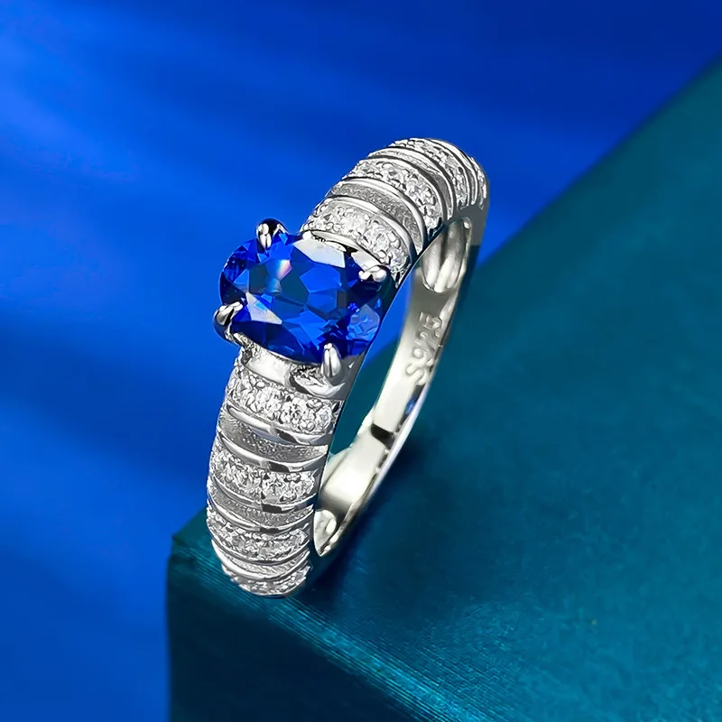 New S925 Silver Elliptical Simulation Sapphire 5 * 7mm Dan shaped Ring, Elegant, Light Luxury, Personalized Wedding Jewelry