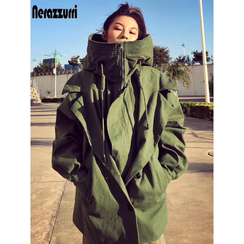 

Nerazzurri Spring Autumn Oversized Armygreen Black Zip Up Trench Coat for Women with Hood Long Sleeve Loose Fashion Windbreaker