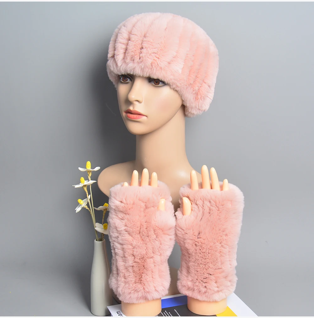 One Set Women Real Rex Rabbit Fur Cuff+Headband Winter Warmer Hat Arm Wrist Sleeve Gloves Female Real Fur Cap+Elastic Wristband