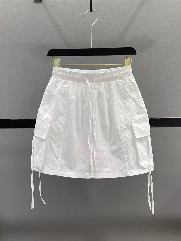 Casual Grey Workwear  Skirt Elastic Waist Drawstring Slim A-Line Skirt Leisure Short Skirt Women's Spring Summer Cotton P...