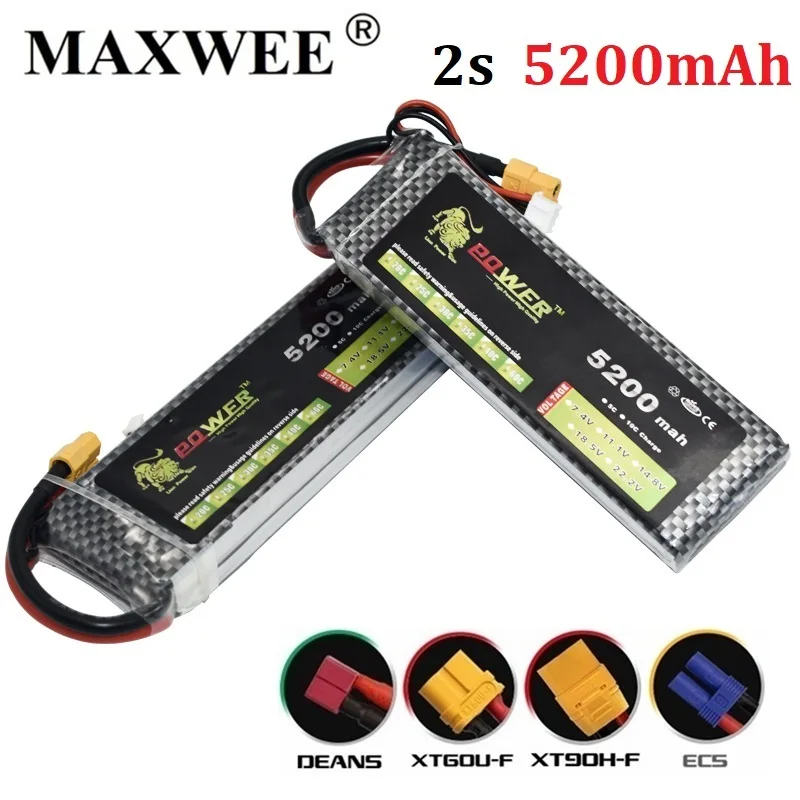 7.4V 5200mAh Lipo Battery 30C/40C 2S Battery 2S LiPo 7.4 V 5200 mAh 30C 2S 1P Lithium-Polymer Batterie Rechargeable For RC car