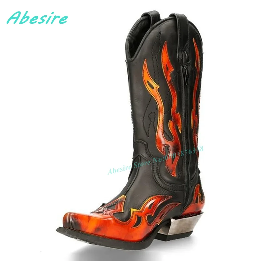 Faux Leather Orange Red Flame Knee High Boots Pointed Toe Side Zipper Silver Chunky Heels Women's Boots Western Cowboy Shoes