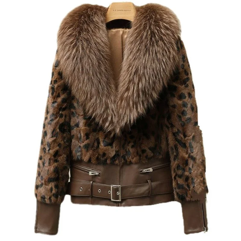 Blogger-Favored Faux Fur Leopard Print Jacket with Collar Cotton Blend Fashionable All-In-One Mink Imitation Coat