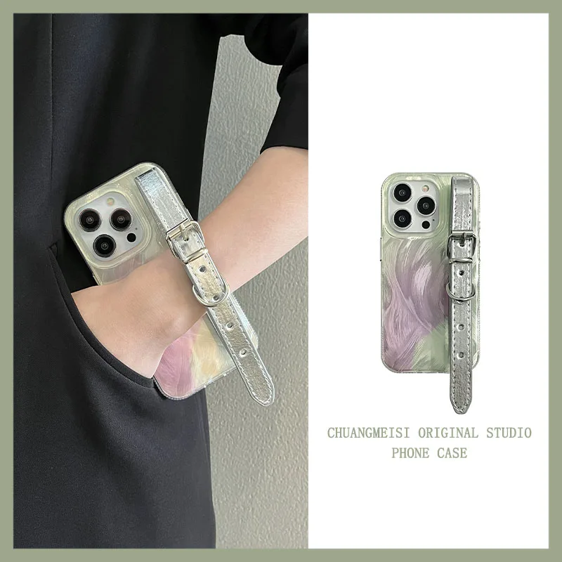 

Серебряный браслет из перьевой пряжи с гальваническим покрытием для apple iphone 13 14 15 pro, чехол для телефона, ниша, простой градиентный защитный чехол от падения