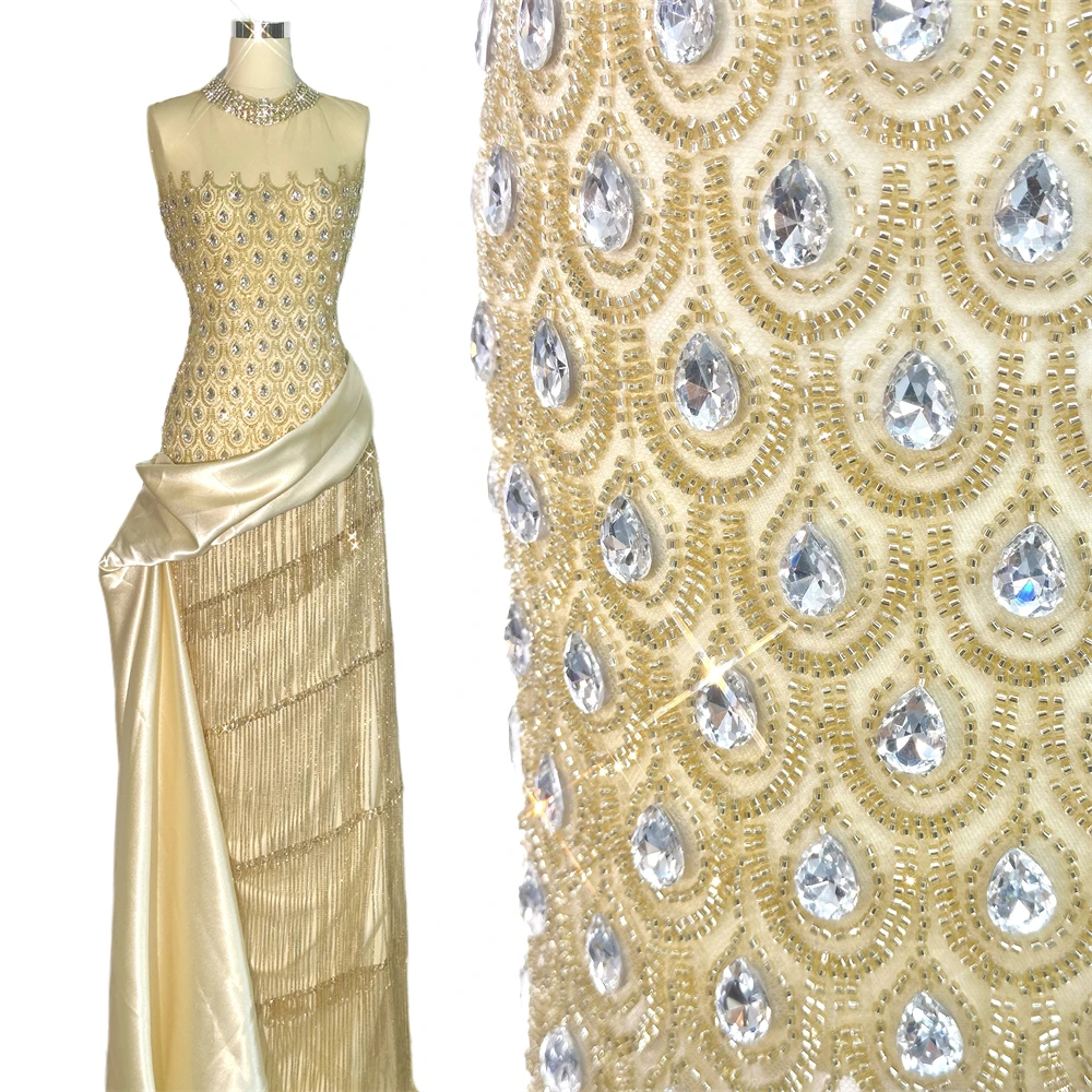 Salouva 5yard Luxury French Mesh Lace Fabric Beaded Sequins African Nigerian Wedding Dresses Embroidery Sewing Material