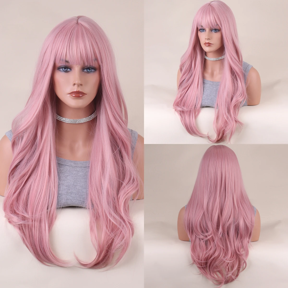 Pink Air Fringe Accent women Long curls Wavy waves Synthetic everyday party Wigs 26 inches