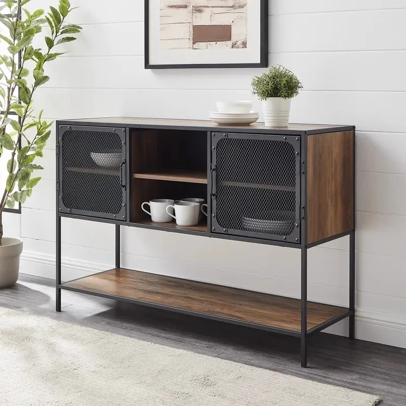 

American country retro loft wrought iron solid wood double-layer TV cabinet bookcase iron locker chest dining side