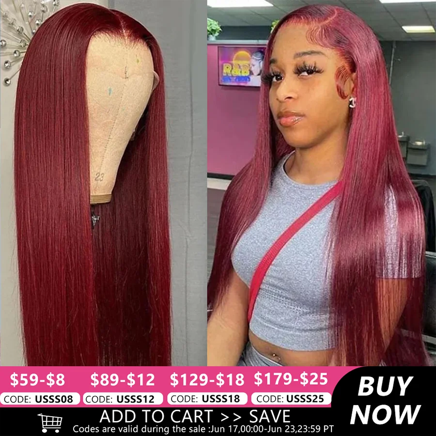 Burgundy 99j Colored Red 13x6 Transparent Lace Front Wig 180% Indian Human Hair 13x4 HD Transparent Lace Frontal Wigs For Women