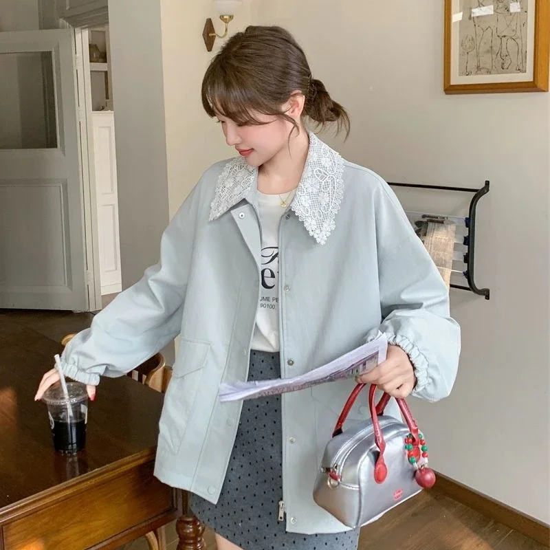 ​Figure Flattering Lace Short Jacket with Collar Long Sleeve Slimming Top for Small Frame​