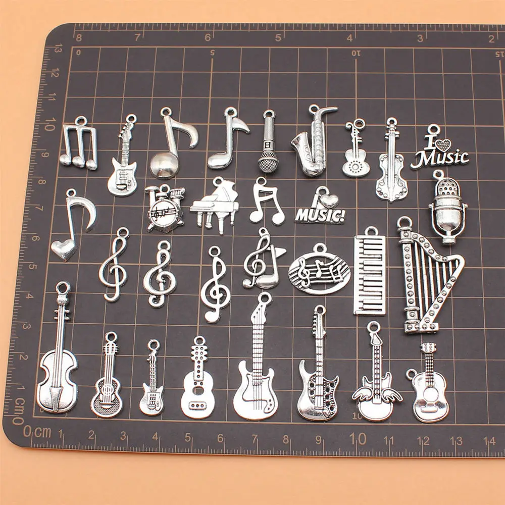 30pcs/lot Music Note Musical Instrument Guitar Violin Harp Microphone Piano Saxophone Charms Collection For Jewelry Making