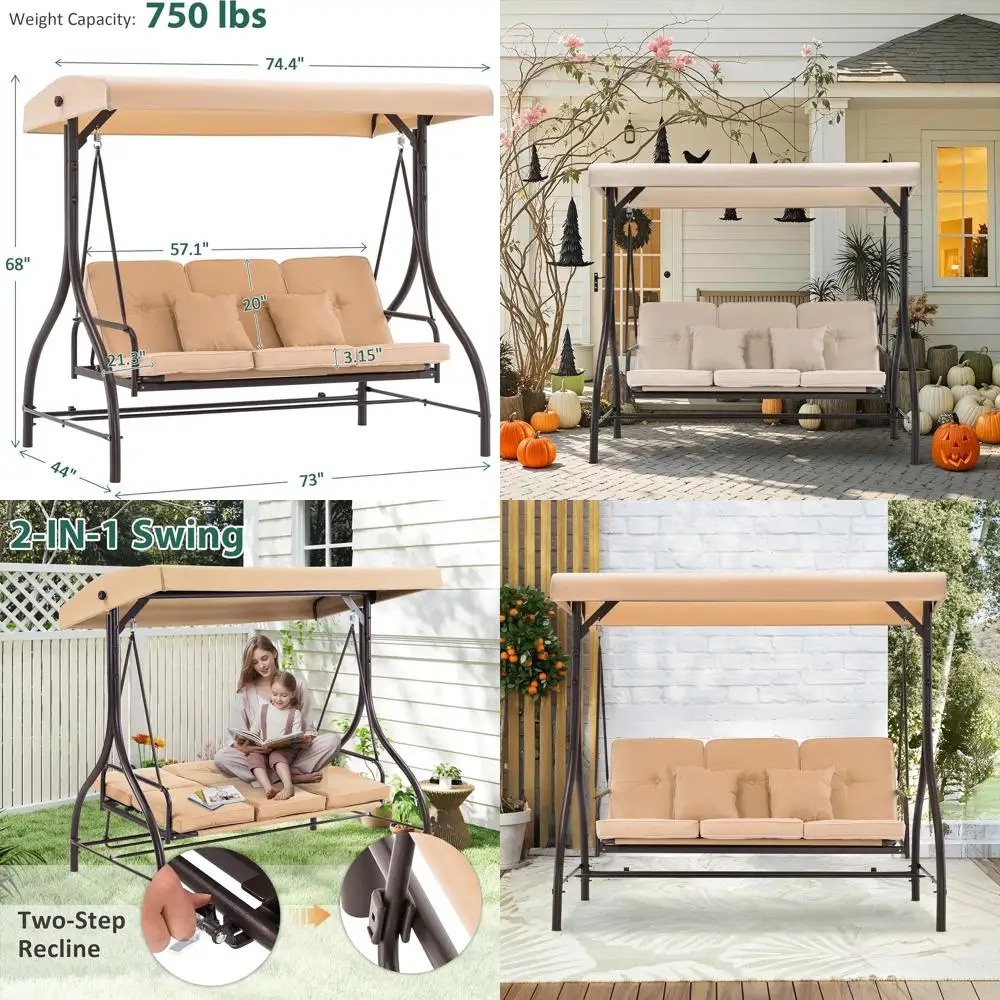 

Трехместные уличные качели-гамак для патио, трансформируемые качели-глайдер 2-в-1 для веранды со съемными подушками, регулируемые, с подушками или без