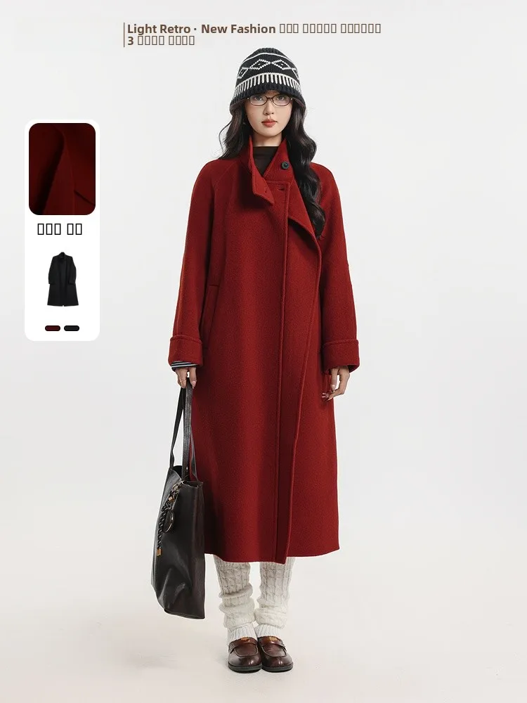 

Double-Sided Woolen Red Outerwear Jaet for New Year 2025 Winter New Arrival Memory's Start Simple Sle Long Sve Coat