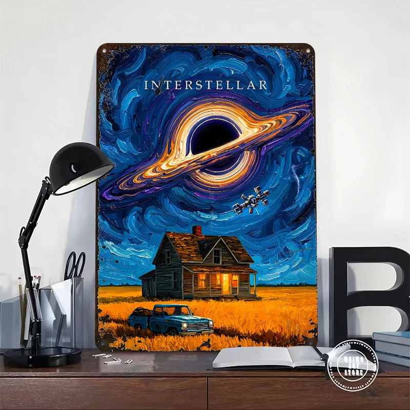 Interstellar Black Hole and Farmhouse 3D Texture Metal Poster Customized Wall Art Tin Sign Gift for Mancave Bathroom Decor Room