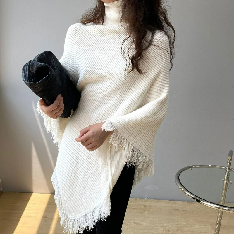 

2026 Autumn Winter Season A Laid-back High-neck Fringed Solid-colored Sweater Shawl Ladylike Outfit A Pullover Knitted Smock