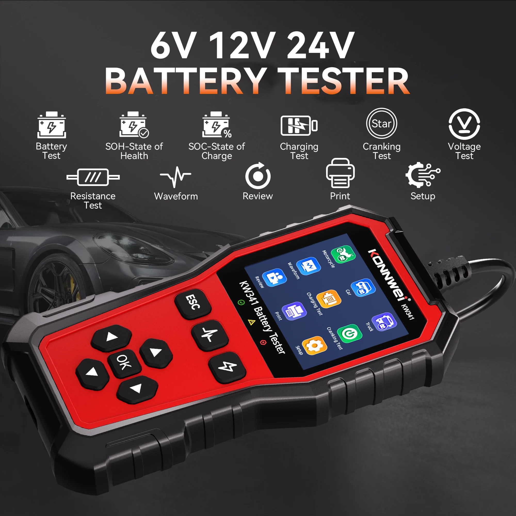 KONNWEI KW341 Car Moto Battery Tester 6V 12V 24V Fault Data Printing Start Waveform Test Car Battery Voltage Charging Scan Tool