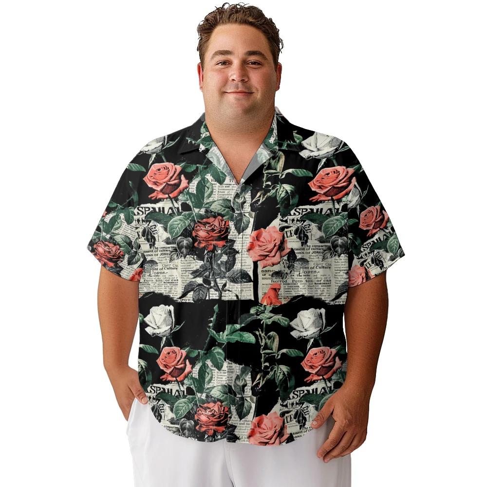 

2024 new Hawaii Men's shirts plus size Newspaper rose printed clothing casual short-sleeved