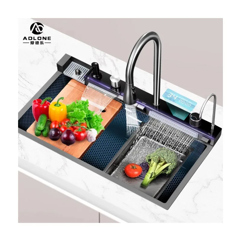 

304 Stainless Steel Smart Kitchen Sink Modern Single Bowl Top Nano Black Multifunctional Kitchen Sink Waterfall