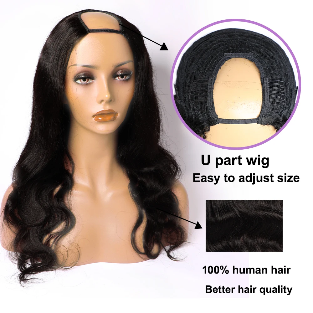 Megeen Body Wave Beginner Friendly U Part Wigs Human Hair Burmese Full Machine Wigs For Women No Sew In No Glue 28 Inch 1B Black
