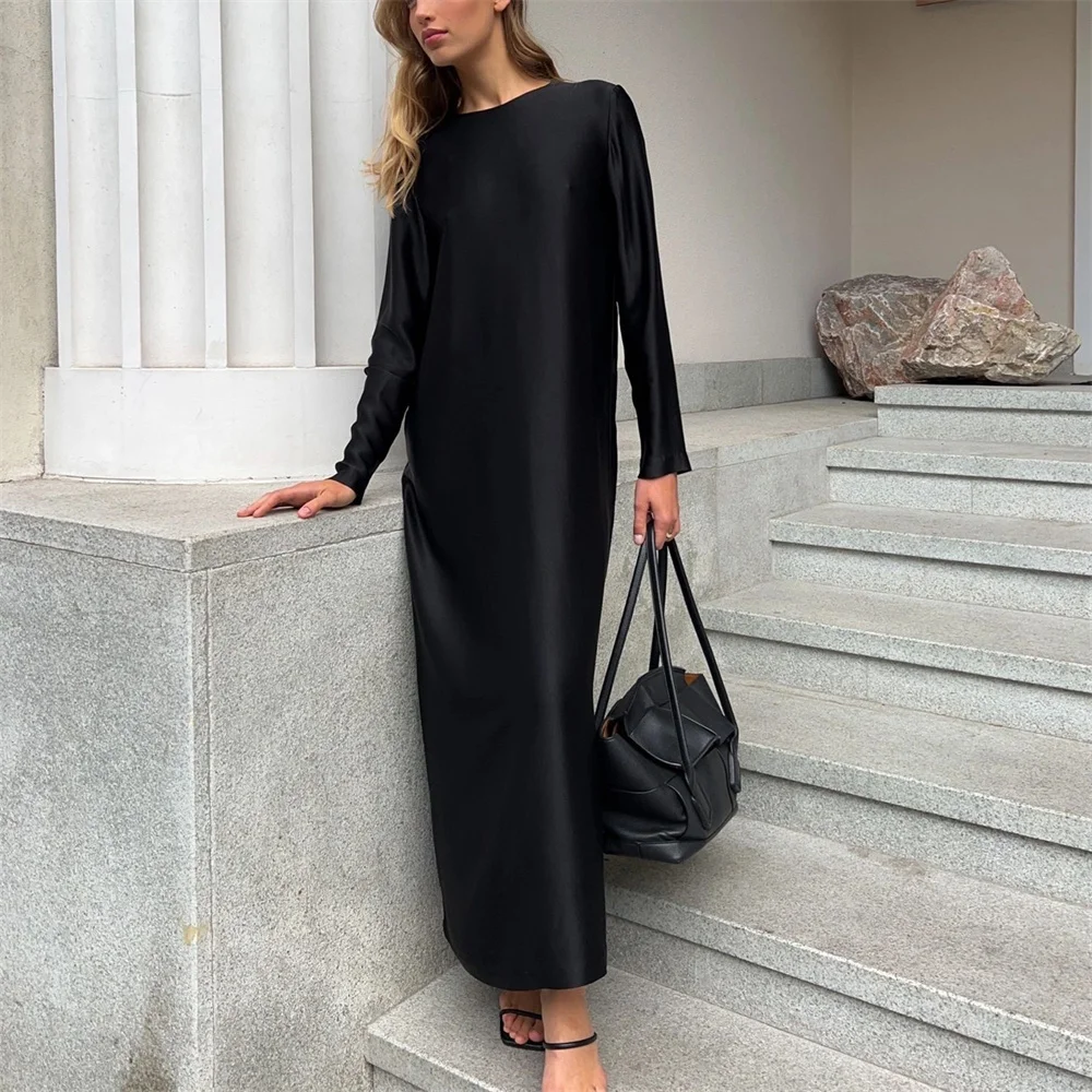 Loose Black Satin Midi Dress for Women Fashion Green O-Neck Long Sleeve  Straight Split Ankle Length Dresses Street Clothes - AliExpress 200000345