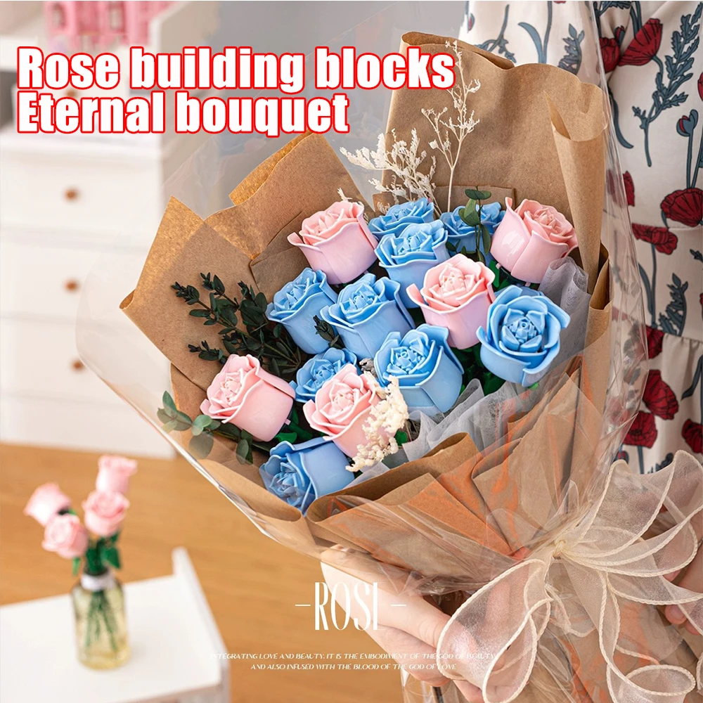 Romantic Rose Flower Bouquet Building Block Eternal Model Assembly Plastic Plant Brick Home Decor Mother\'s Day Birthday R Gift