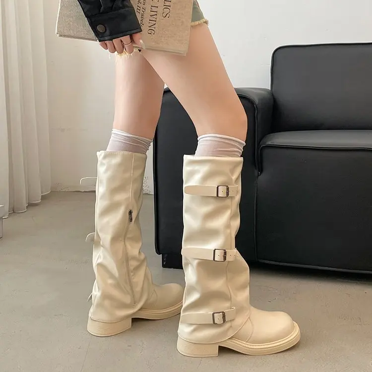 Plissierte Ritterstiefel mit Schnalle für Damen, Herbst, Braun, PU-Leder, Halbhohe Stiefel, Slip-On, Dicker Absatz, Reitstiefel, Botas Mujer 2026 – Detail 12