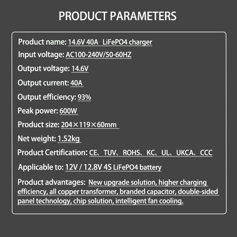 12V 14.6V 40A Smart Lifepo4 Battery Charger AC100-240V For 4S 12V/12.8V Lifepo4 Battery Pack High Power Charger With fan