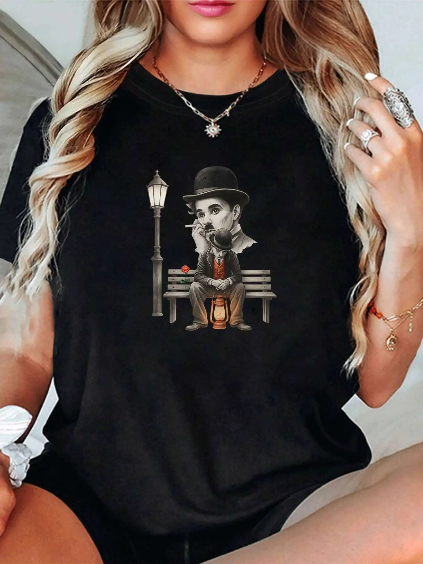 

【33578】 Женская футболка больших размеров с круглым вырезом и короткими рукавами, эластичными рукавами и модными принтами