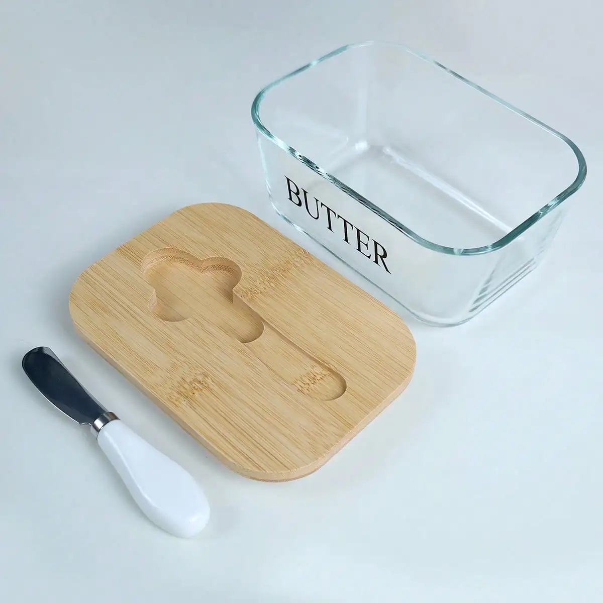 1 Set Glass Butter Dish With Bamboo Lid And Knife, Airtight Seal For Freshness, Large Butter Dish For East And West Coast Butter, Ideal For Countertop And Refrigerator Storage, Premium Glass Butter Keeper