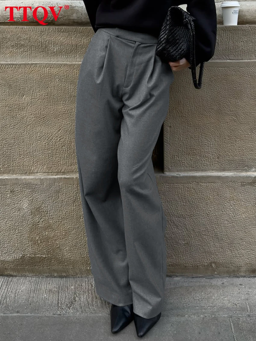 

TTQV Fashion Loose Gray Office Women's Pants 2026 Spring High Waist Wide Trousers Elegant Classic Solid Pants Female Clothing