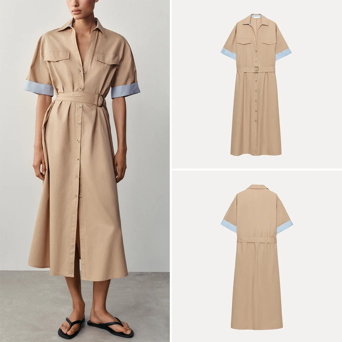ZADATA Women's Shirt Style Dress with Belt Autumn Collection 2026 Elegant Feel Short Sleeve Flip Collar Daily Wear