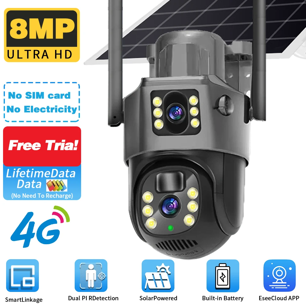 

Esecloud 4K 8MP Lifetime Free Traffic Without Electricity, No Grid, No Need To Recharge Outdoor Waterproof PTZ Solar Camera