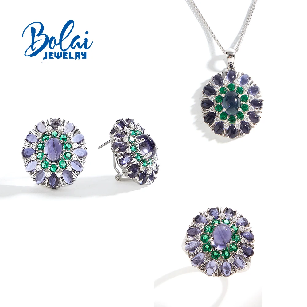 

925 Sterling silver jewelry set natural iolite oval gemstones Flower shape design ring earrings pendant necklace gifts