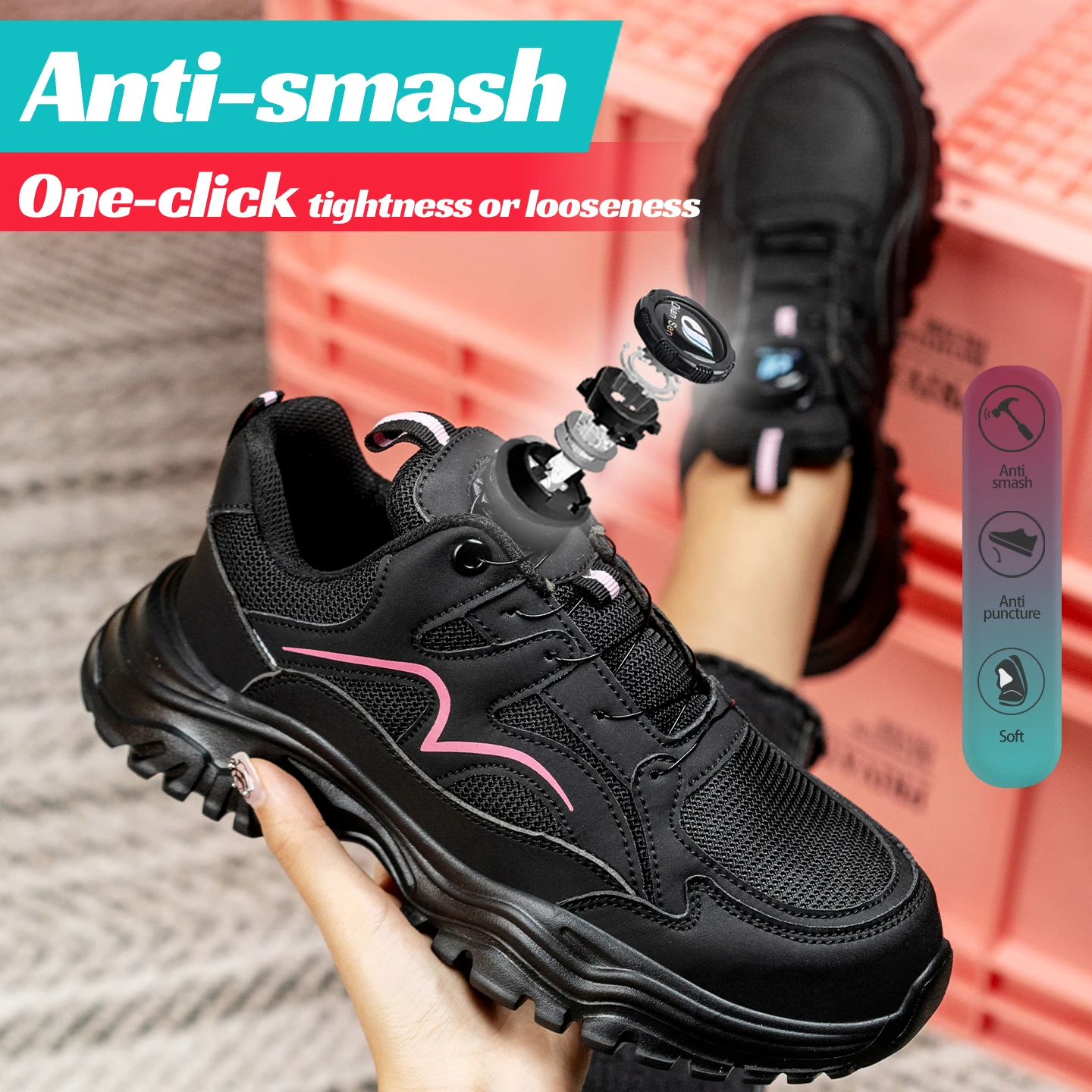 النساء أحذية أمان الصلب تو الأحذية الروتاري زر أحذية عمل زلة مقاومة أحذية عمل غير قابلة للتدمير مكافحة سحق أحذية رياضية