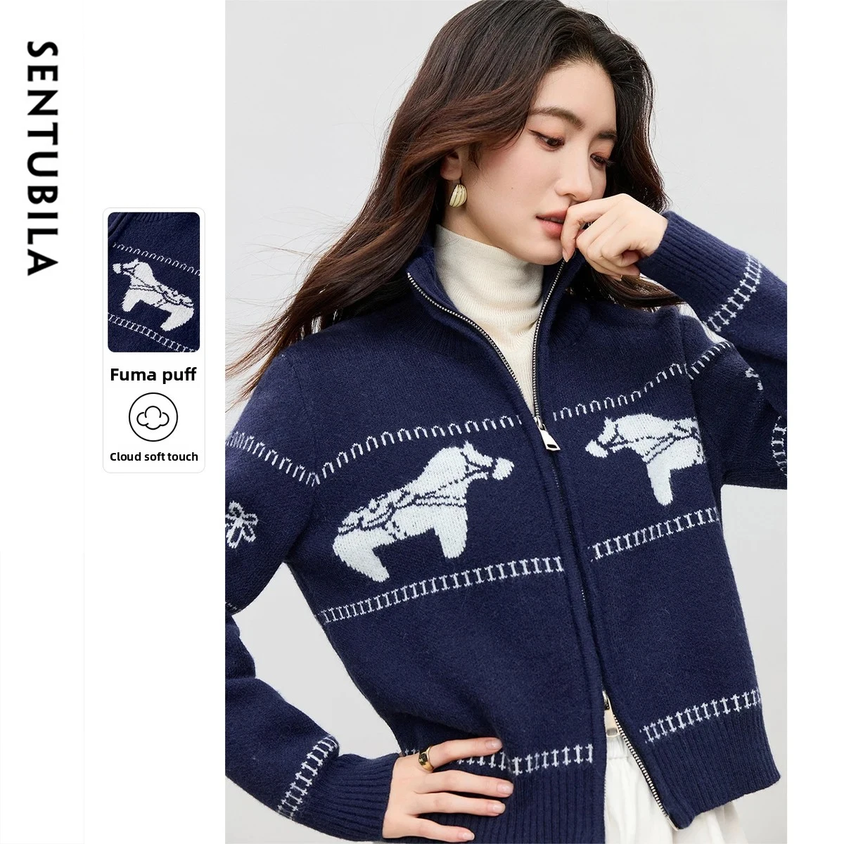 

SENTUBILA Knit Cardigan for Women 2025 Autumn Double Sided Zipper Stand/Turn-Down Collar Sweater Loose Fit Casual Top W54EB3513