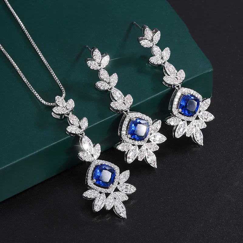 

S925 Sterling Silver 8*8mm Main Stone Sapphire Crystal Pendant Tassel Earrings Set Jewelry Luxury Fine Jewelry for Woman Vintage