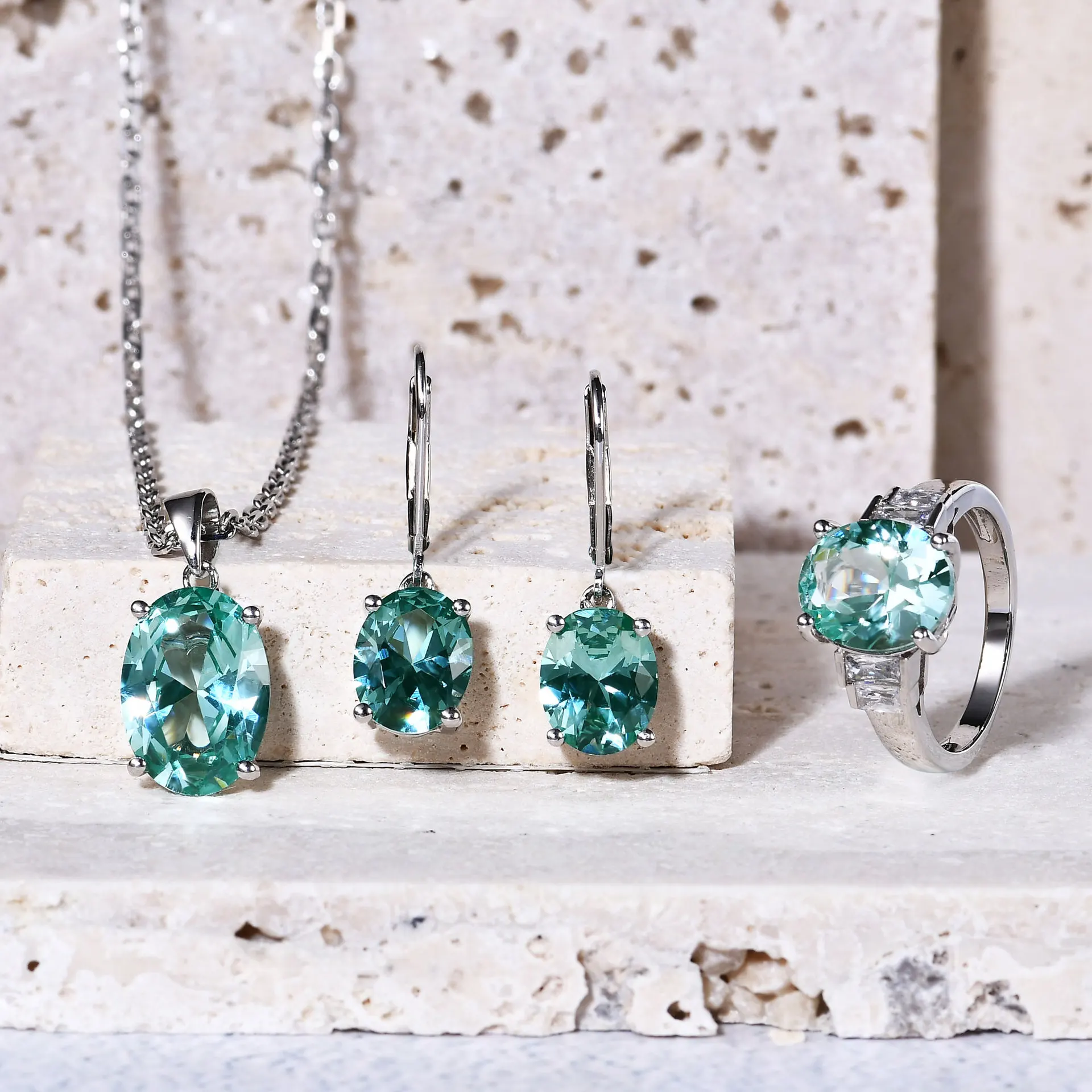 البيضاوي قطع السماء الزرقاء الطبيعية توباز 925 فضة طقم مجوهرات قلادة + حلق + خاتم الأحجار الكريمة مجوهرات للنساء هدية حفلة