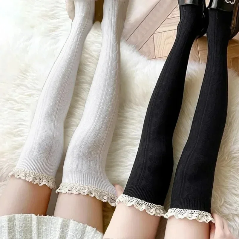 Lolita Lace Up Long Knee Socks for Women Over Knee Thigh High Stockings Spring Autumn Fashion Female Warm Sexy Cotton JK Tights