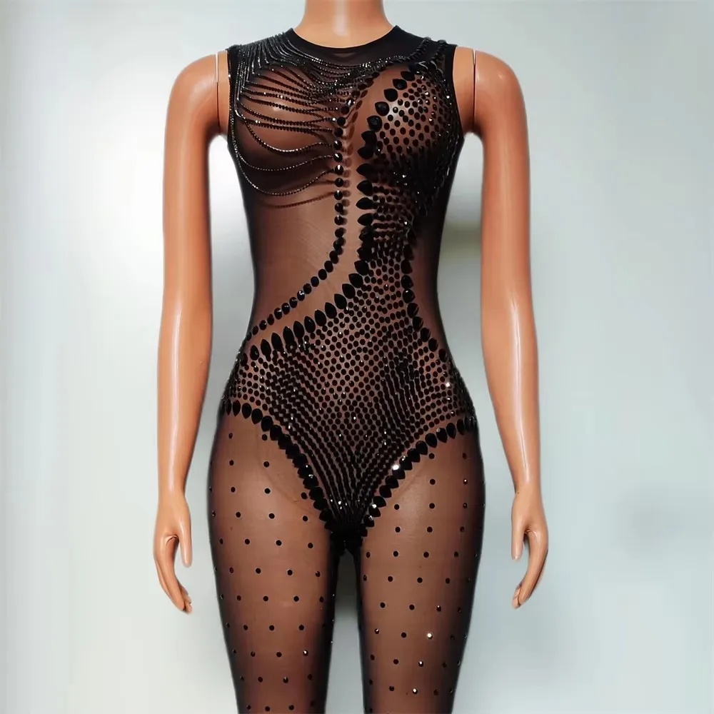 Black Rhinestone Mesh Tight Jumpsuit Sexy Dance Costume Crystal Leotard  DJ Nightclub Bar Performance Transparent Stage Outfit