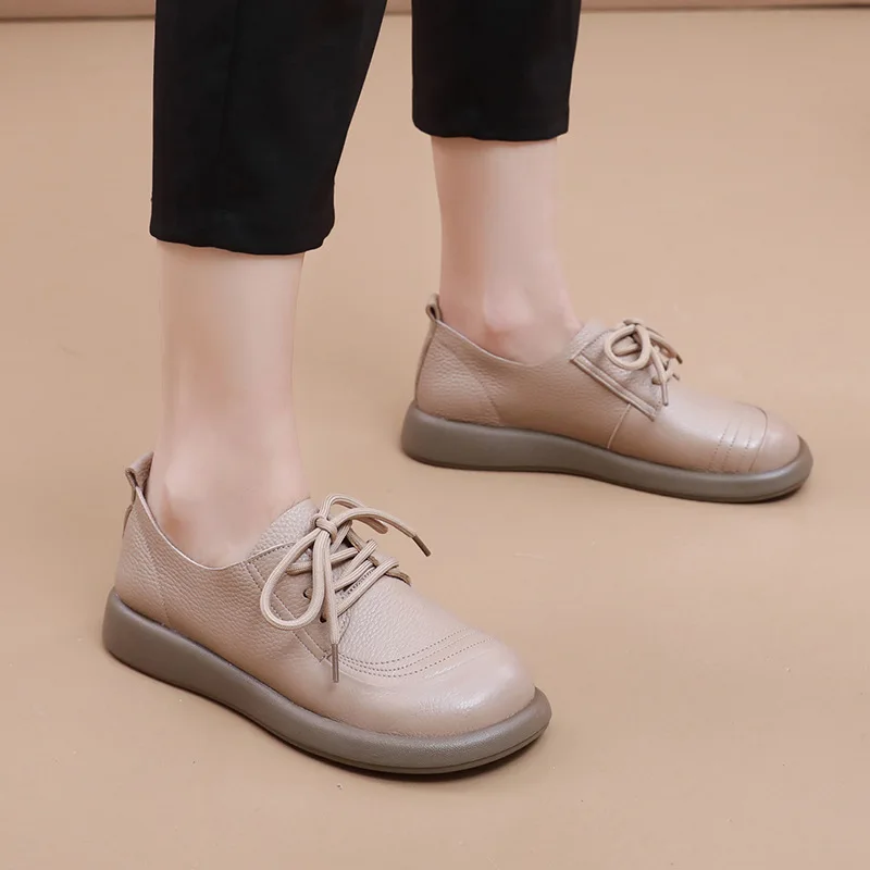 GKTINOO Genuine Cow Leather Loafers Soft Sole Flats Women Shoes 2024 Autumn Round Toe Lace Up Casual Sneakers Large Size