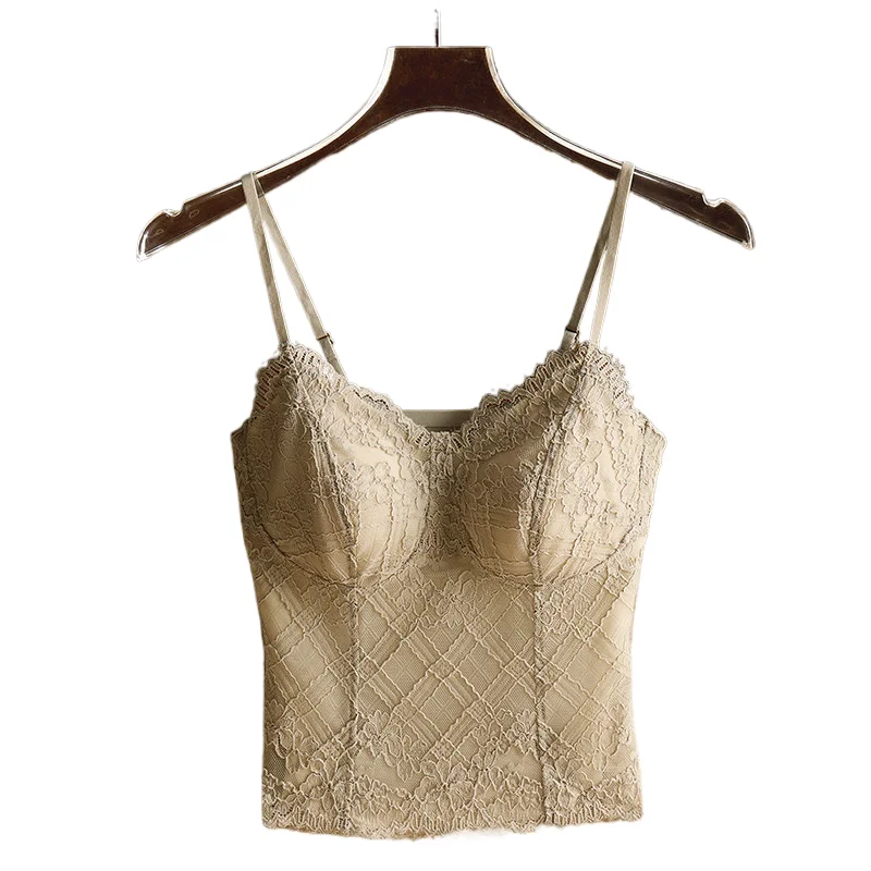 Modest French Lace Halter Top for Women Built-in Chest Pad Slim Fit Beauty Back Soft Breathable Inner Outer Wear White Basic Top