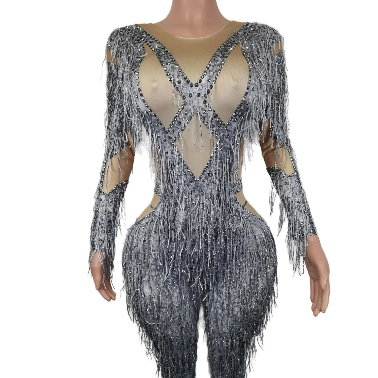 Rhinestones Tassel Jumpsuit Backless Long Sleeve Bodycon Ladies Nightclub Performance Outfit Dance Evening Party Costume Huihuzi