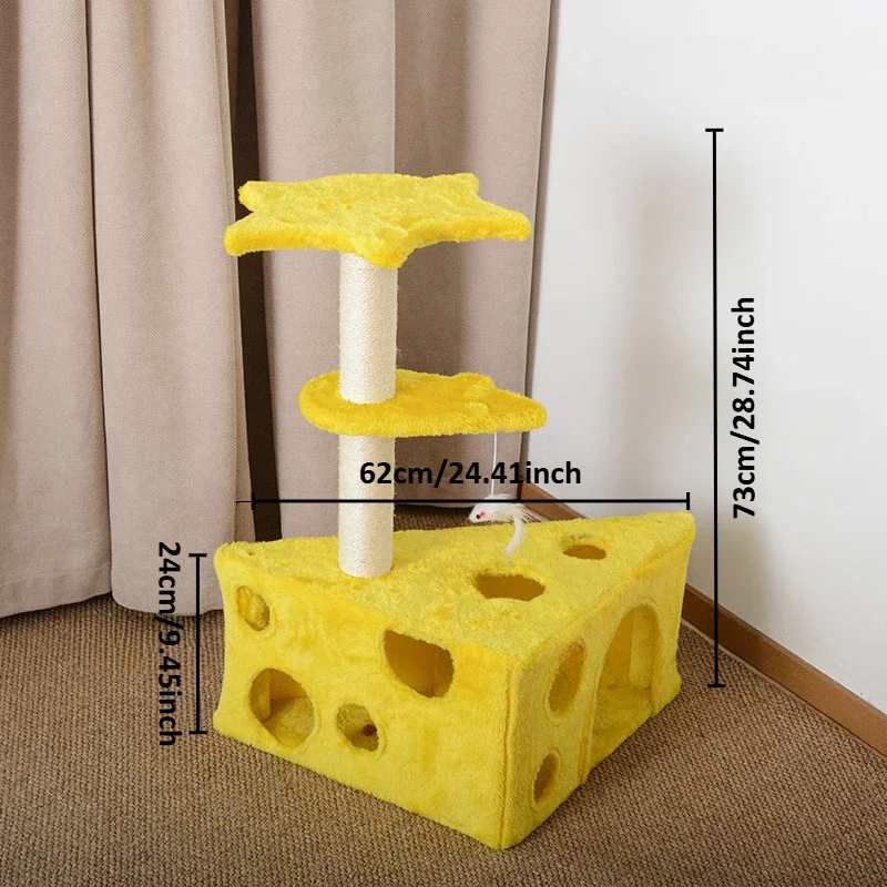 Cat Tree Tower with Hanging Toy Sisal Scratching Post & Multi Holes Plush Cute Cheese Shape Cat Tree for Indoor Kitten Cats