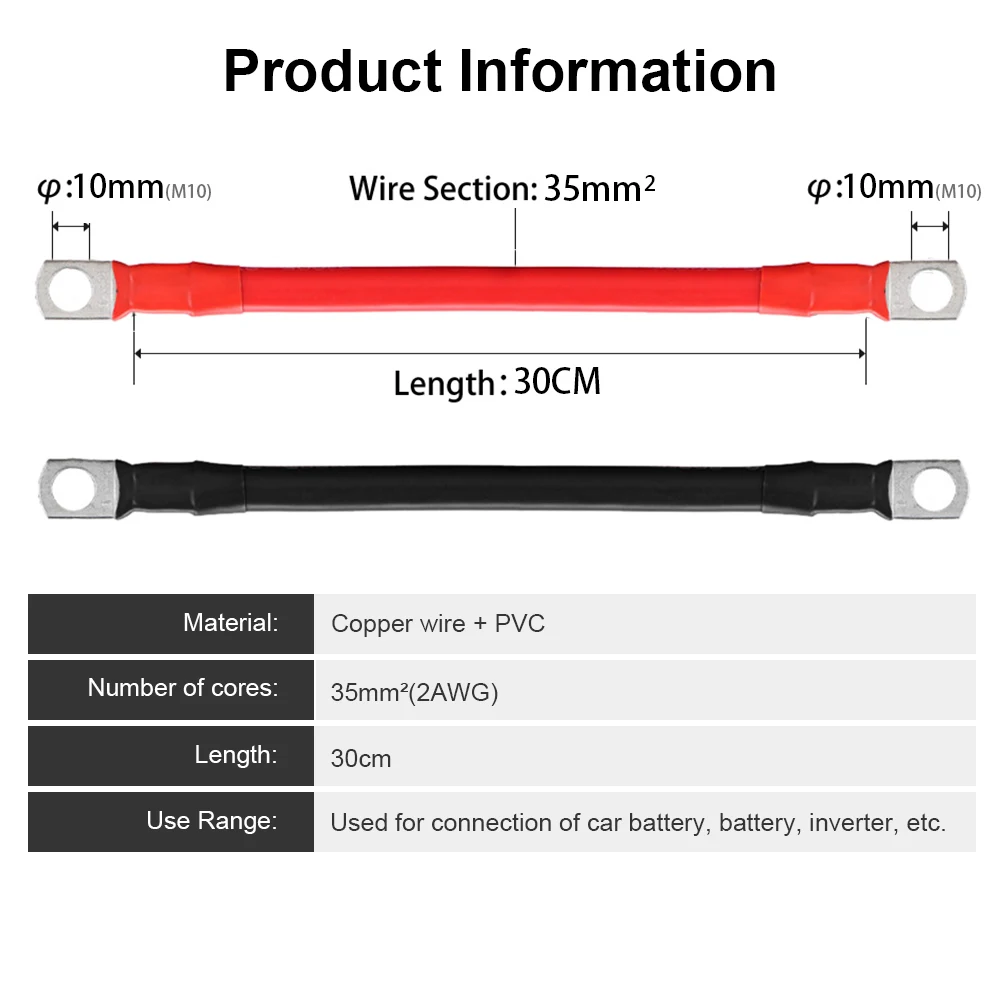 Câble de connexion d'onduleur de batterie, fil de cuivre toronné, nouvelle énergie, véhicule, moto, montres solaires, 2AWG, 30cm